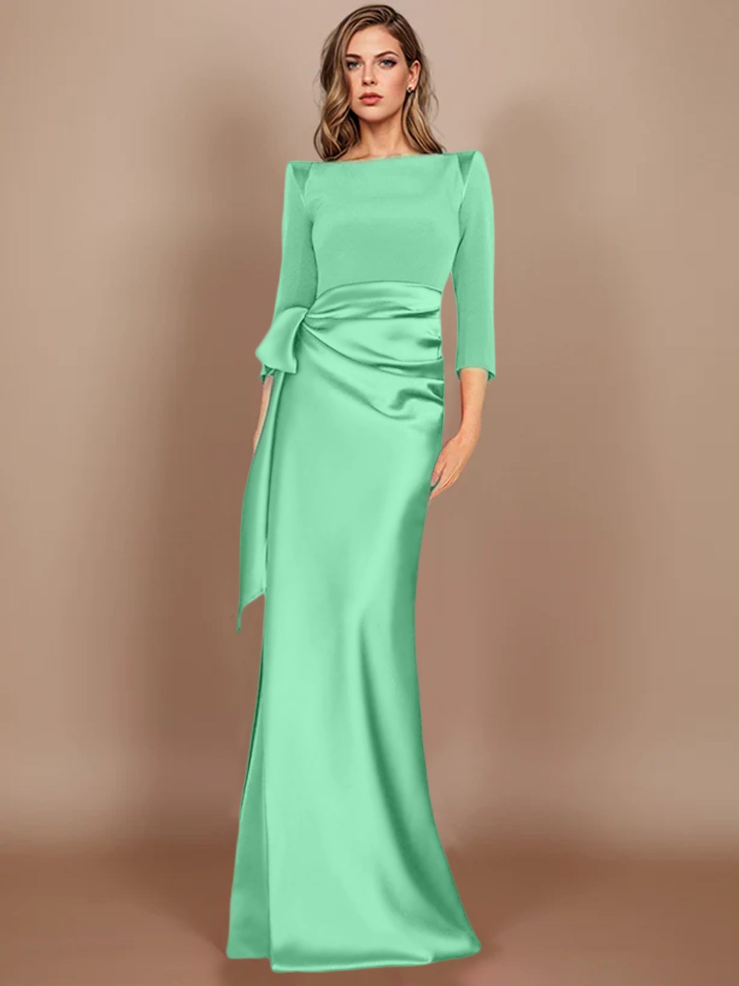 Floor-Length Mother of the Bride Dress with Bow and 3/4 Sleeves in Sheath/Column Style-BMbridal