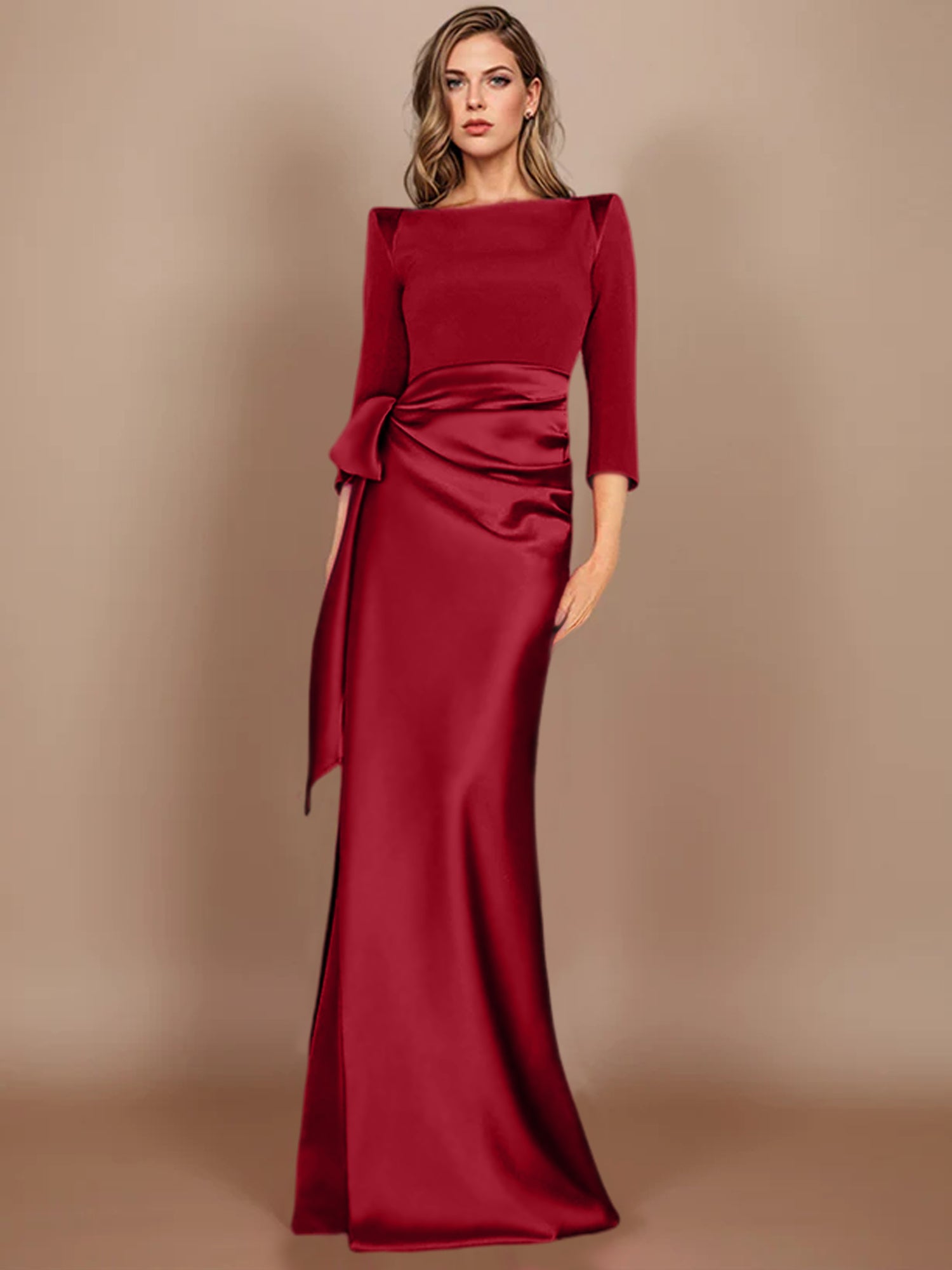 Floor-Length Mother of the Bride Dress with Bow and 3/4 Sleeves in Sheath/Column Style-BMbridal
