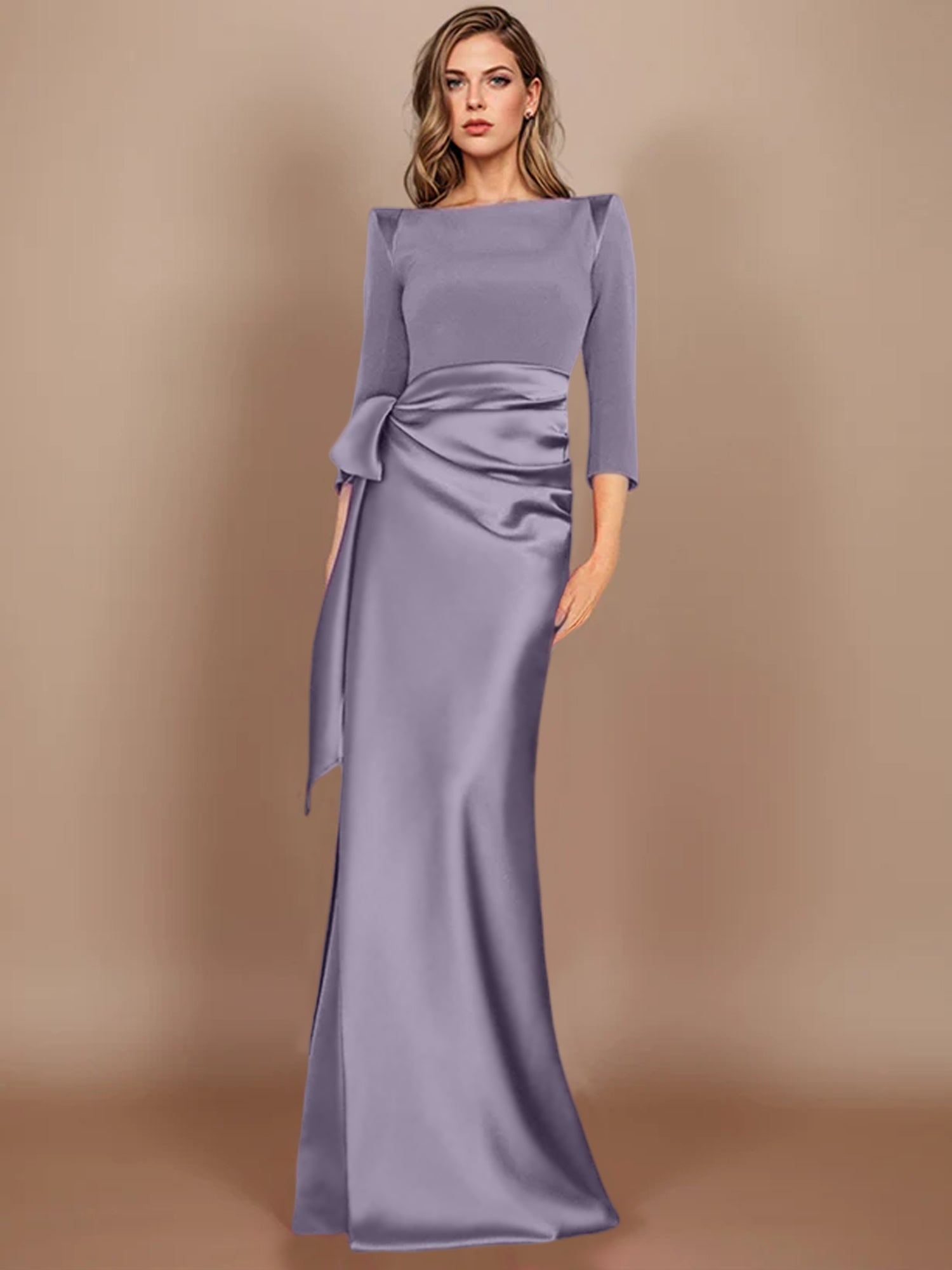 Floor-Length Mother of the Bride Dress with Bow and 3/4 Sleeves in Sheath/Column Style-BMbridal