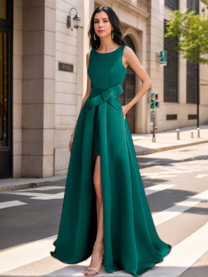 Mother of the Bride Scoop Neck A-Line/Princess Dress with High Split and Bow