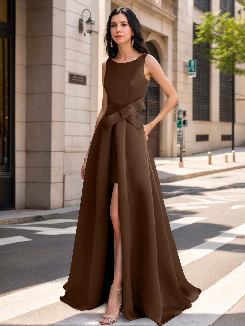 Mother of the Bride Scoop Neck A-Line/Princess Dress with High Split and Bow