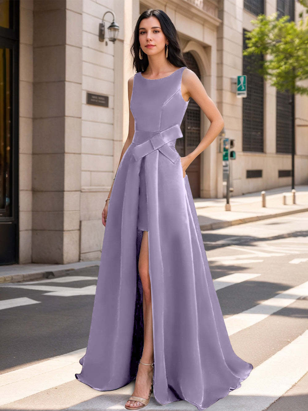 Mother of the Bride Scoop Neck A-Line/Princess Dress with High Split and Bow