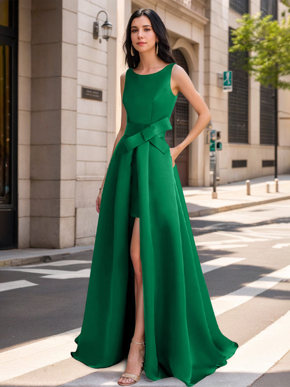 Mother of the Bride Scoop Neck A-Line/Princess Dress with High Split and Bow