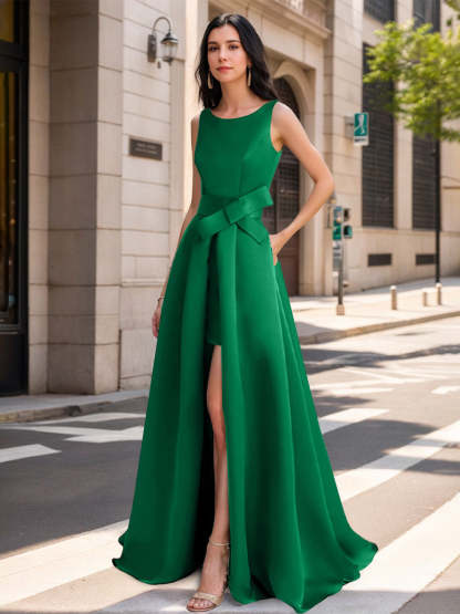 Mother of the Bride Scoop Neck A-Line/Princess Dress with High Split and Bow