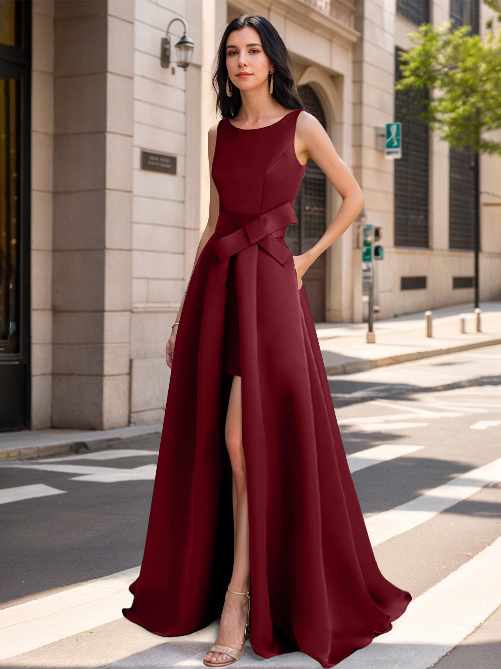 Mother of the Bride Scoop Neck A-Line/Princess Dress with High Split and Bow