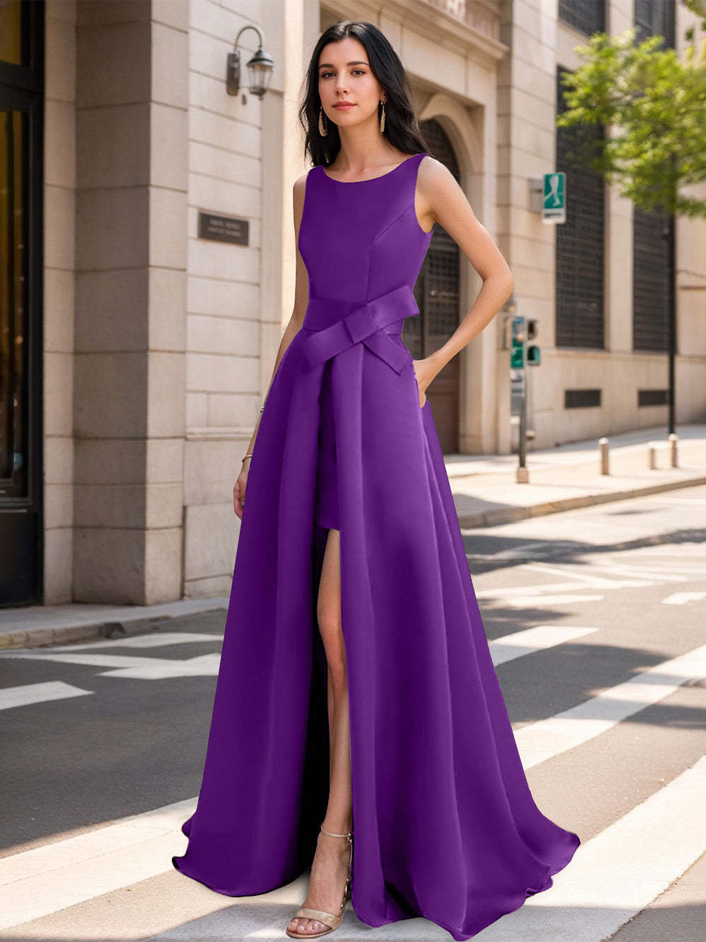 Mother of the Bride Scoop Neck A-Line/Princess Dress with High Split and Bow