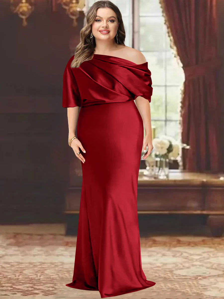 One-Shoulder Plus Size Floor-Length Sheath Mother of the Bride Dress with Ruffles