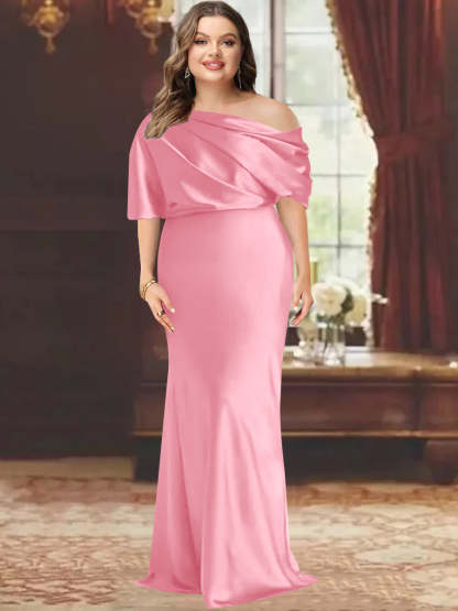 One-Shoulder Plus Size Floor-Length Sheath Mother of the Bride Dress with Ruffles