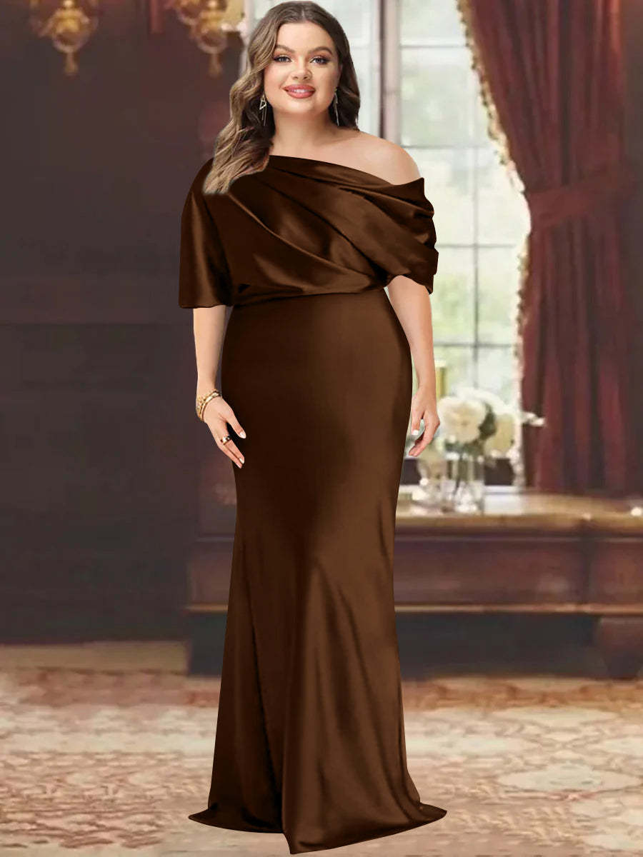 One-Shoulder Plus Size Floor-Length Sheath Mother of the Bride Dress with Ruffles