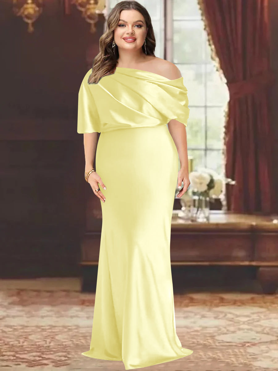 One-Shoulder Plus Size Floor-Length Sheath Mother of the Bride Dress with Ruffles
