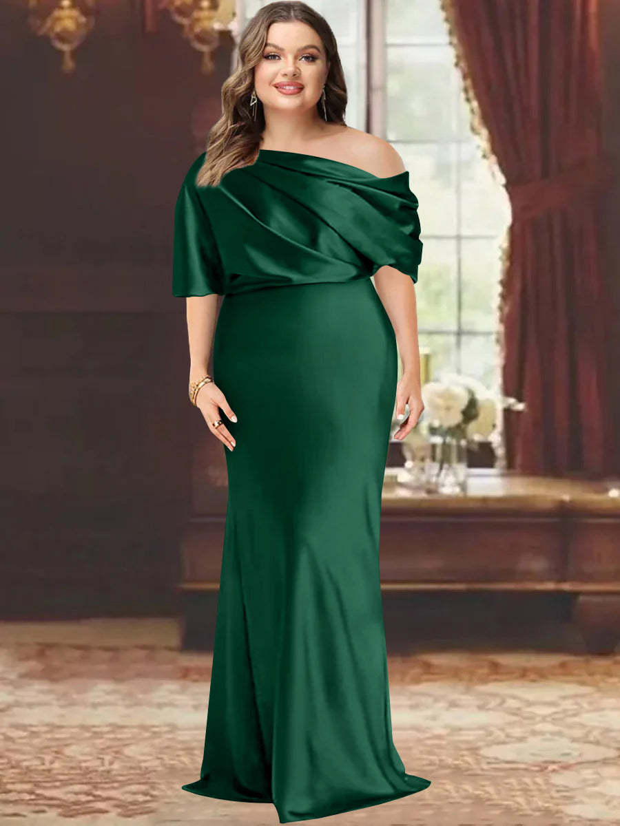 One-Shoulder Plus Size Floor-Length Sheath Mother of the Bride Dress with Ruffles