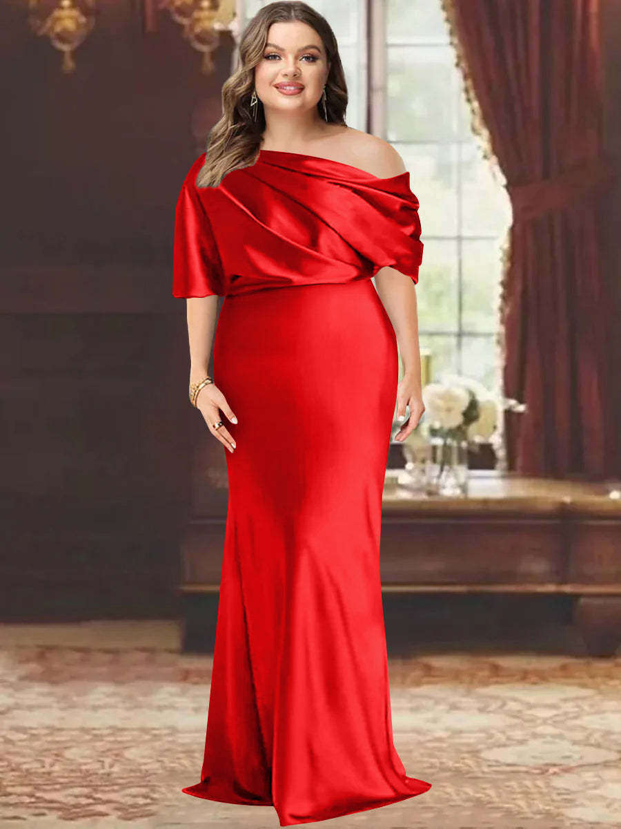 One-Shoulder Plus Size Floor-Length Sheath Mother of the Bride Dress with Ruffles