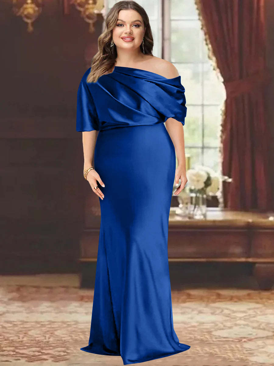 One-Shoulder Plus Size Floor-Length Sheath Mother of the Bride Dress with Ruffles