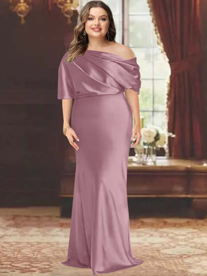 One-Shoulder Plus Size Floor-Length Sheath Mother of the Bride Dress with Ruffles