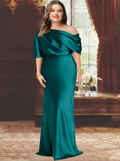One-Shoulder Plus Size Floor-Length Sheath Mother of the Bride Dress with Ruffles