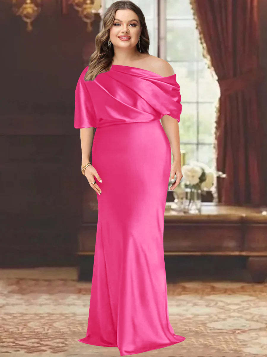 One-Shoulder Plus Size Floor-Length Sheath Mother of the Bride Dress with Ruffles