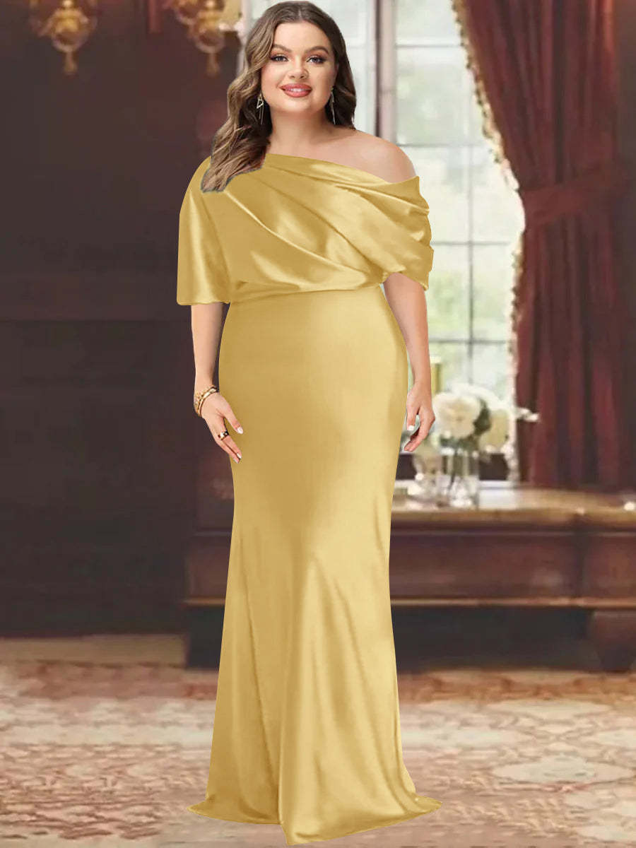 One-Shoulder Plus Size Floor-Length Sheath Mother of the Bride Dress with Ruffles