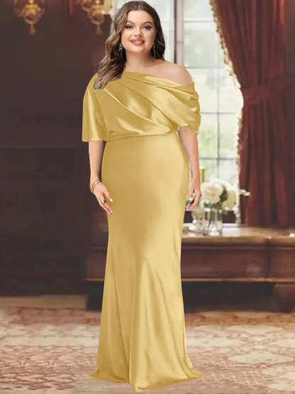 One-Shoulder Plus Size Floor-Length Sheath Mother of the Bride Dress with Ruffles