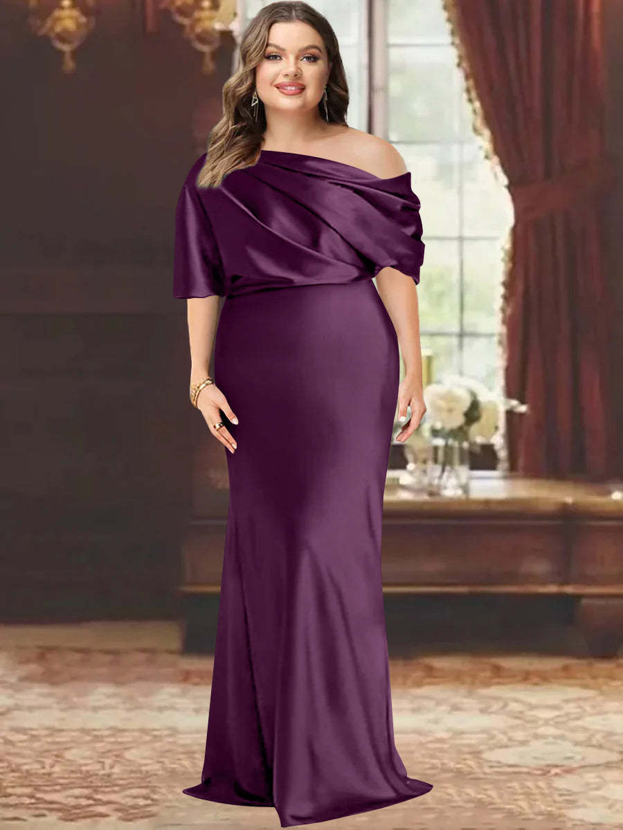 One-Shoulder Plus Size Floor-Length Sheath Mother of the Bride Dress with Ruffles