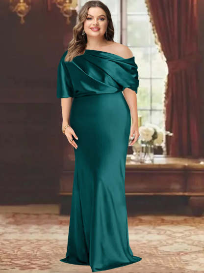 One-Shoulder Plus Size Floor-Length Sheath Mother of the Bride Dress with Ruffles