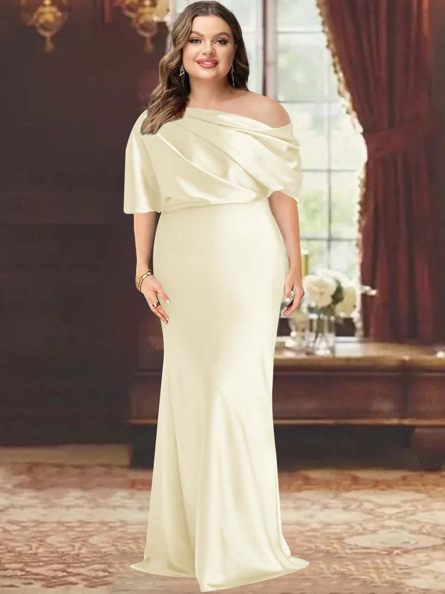 One-Shoulder Plus Size Floor-Length Sheath Mother of the Bride Dress with Ruffles