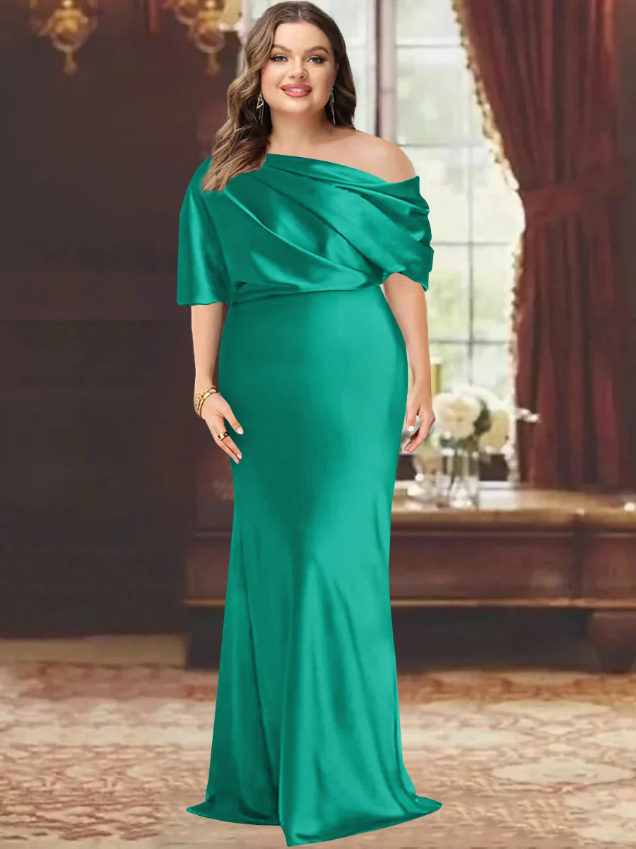 One-Shoulder Plus Size Floor-Length Sheath Mother of the Bride Dress with Ruffles