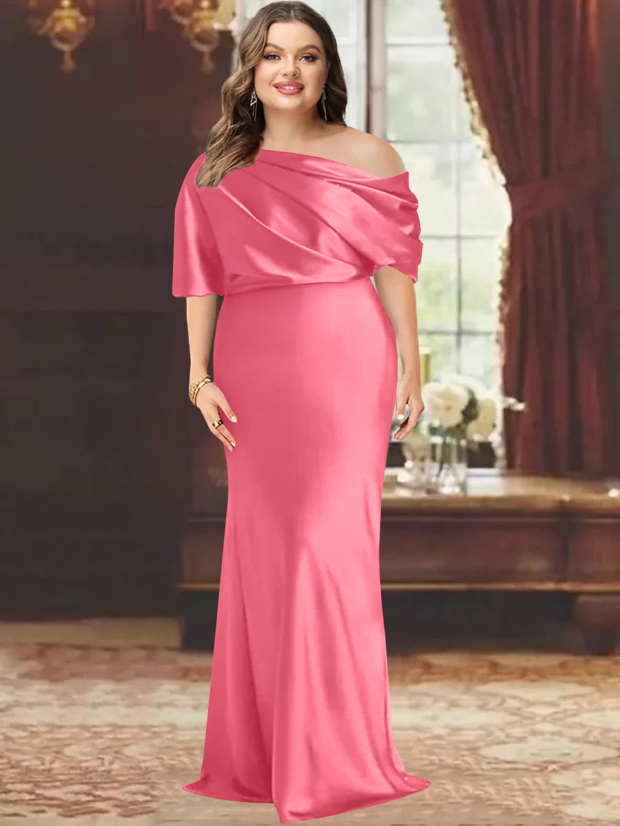 One-Shoulder Plus Size Floor-Length Sheath Mother of the Bride Dress with Ruffles