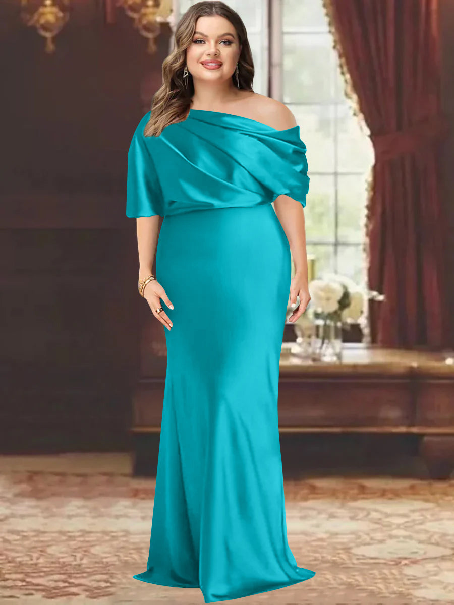 One-Shoulder Plus Size Floor-Length Sheath Mother of the Bride Dress with Ruffles