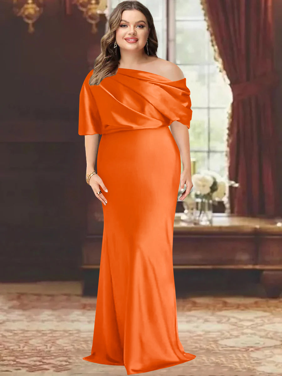 One-Shoulder Plus Size Floor-Length Sheath Mother of the Bride Dress with Ruffles