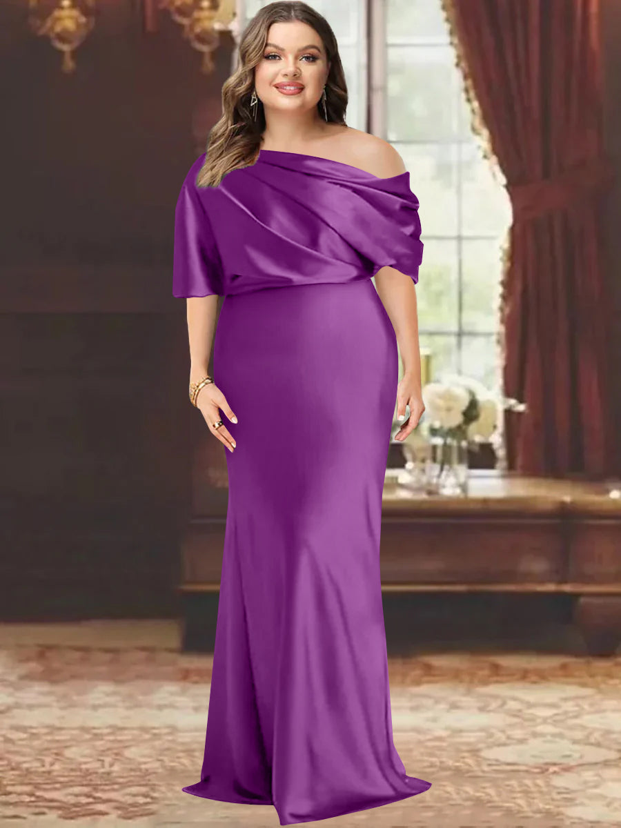 One-Shoulder Plus Size Floor-Length Sheath Mother of the Bride Dress with Ruffles