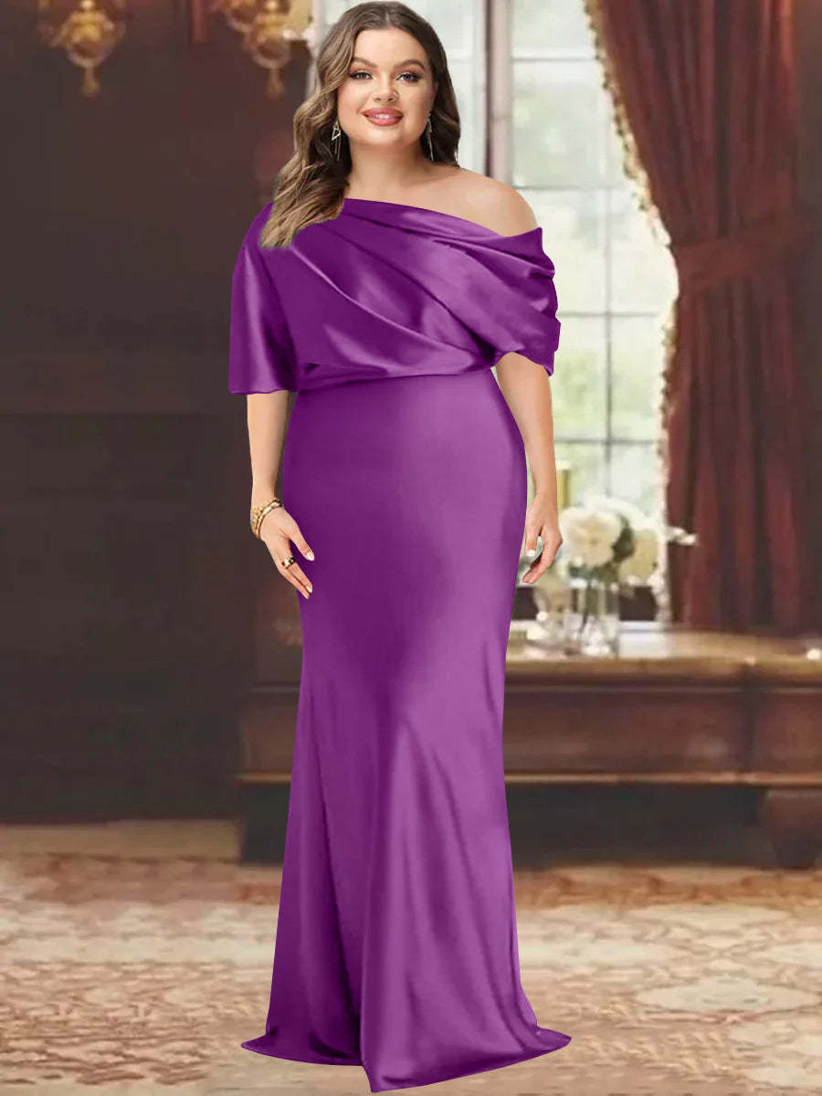 One-Shoulder Plus Size Floor-Length Sheath Mother of the Bride Dress with Ruffles
