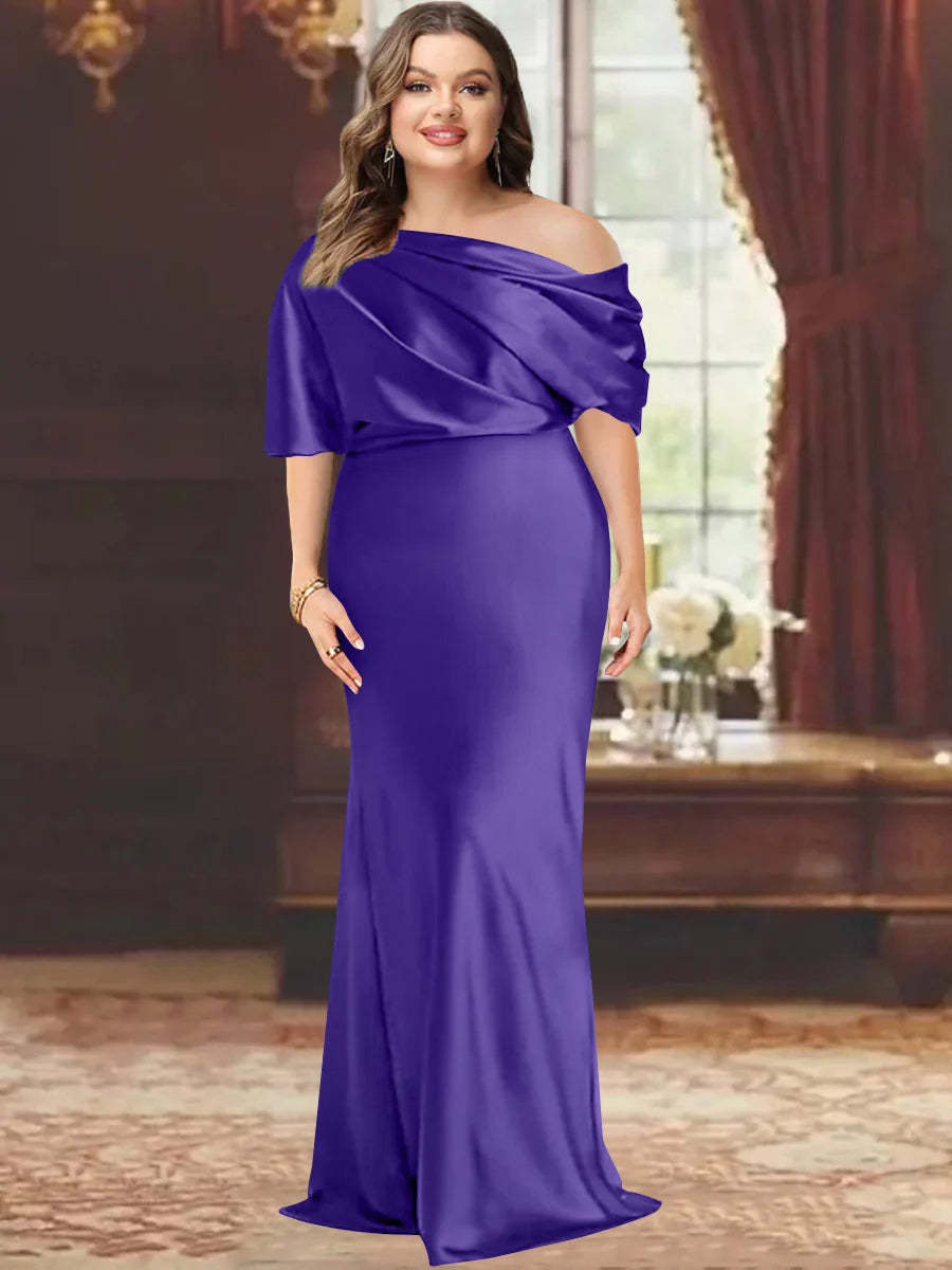 One-Shoulder Plus Size Floor-Length Sheath Mother of the Bride Dress with Ruffles