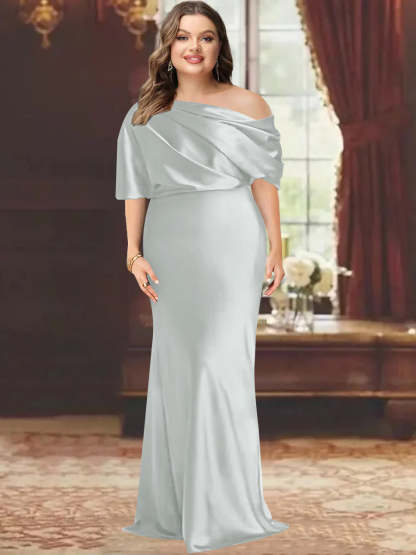 One-Shoulder Plus Size Floor-Length Sheath Mother of the Bride Dress with Ruffles
