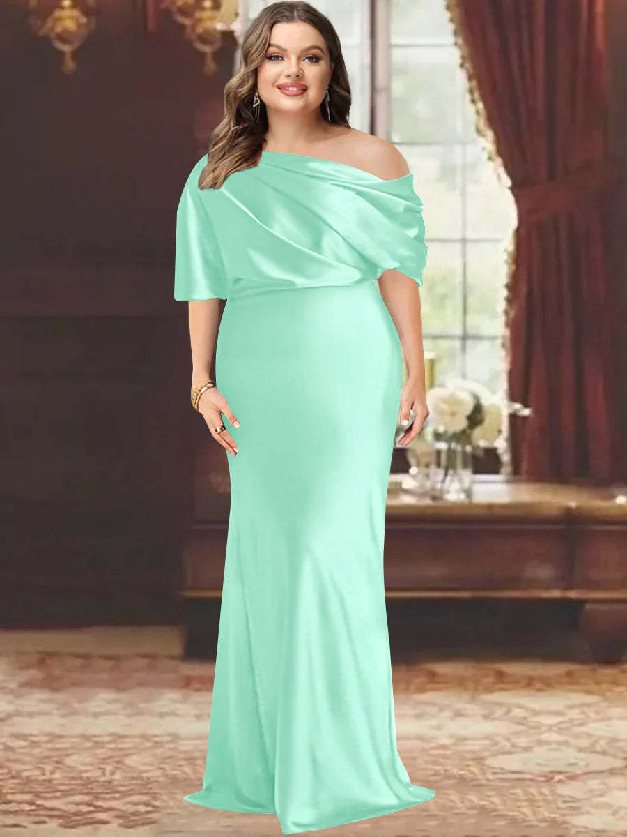One-Shoulder Plus Size Floor-Length Sheath Mother of the Bride Dress with Ruffles