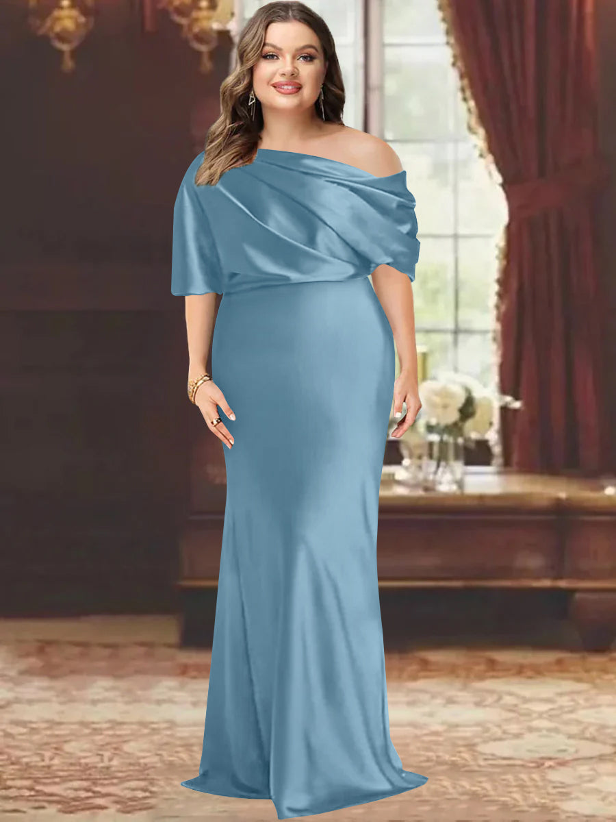 One-Shoulder Plus Size Floor-Length Sheath Mother of the Bride Dress with Ruffles