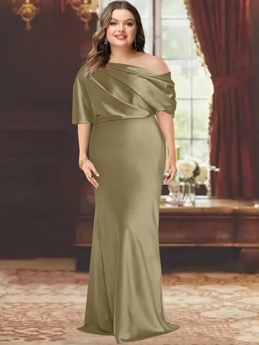 One-Shoulder Plus Size Floor-Length Sheath Mother of the Bride Dress with Ruffles