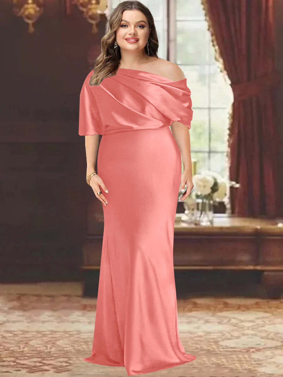 One-Shoulder Plus Size Floor-Length Sheath Mother of the Bride Dress with Ruffles