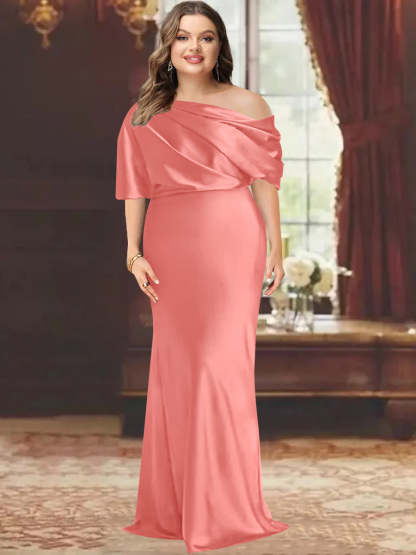 One-Shoulder Plus Size Floor-Length Sheath Mother of the Bride Dress with Ruffles