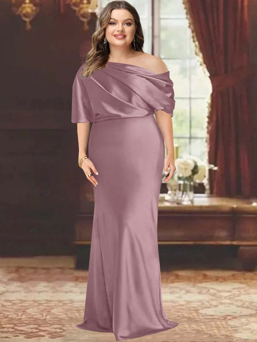 One-Shoulder Plus Size Floor-Length Sheath Mother of the Bride Dress with Ruffles