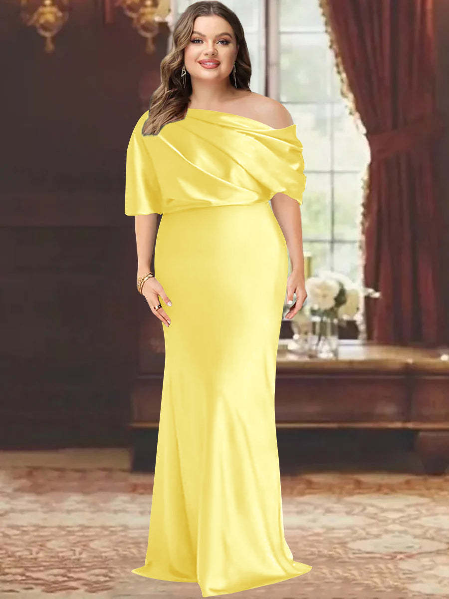 One-Shoulder Plus Size Floor-Length Sheath Mother of the Bride Dress with Ruffles