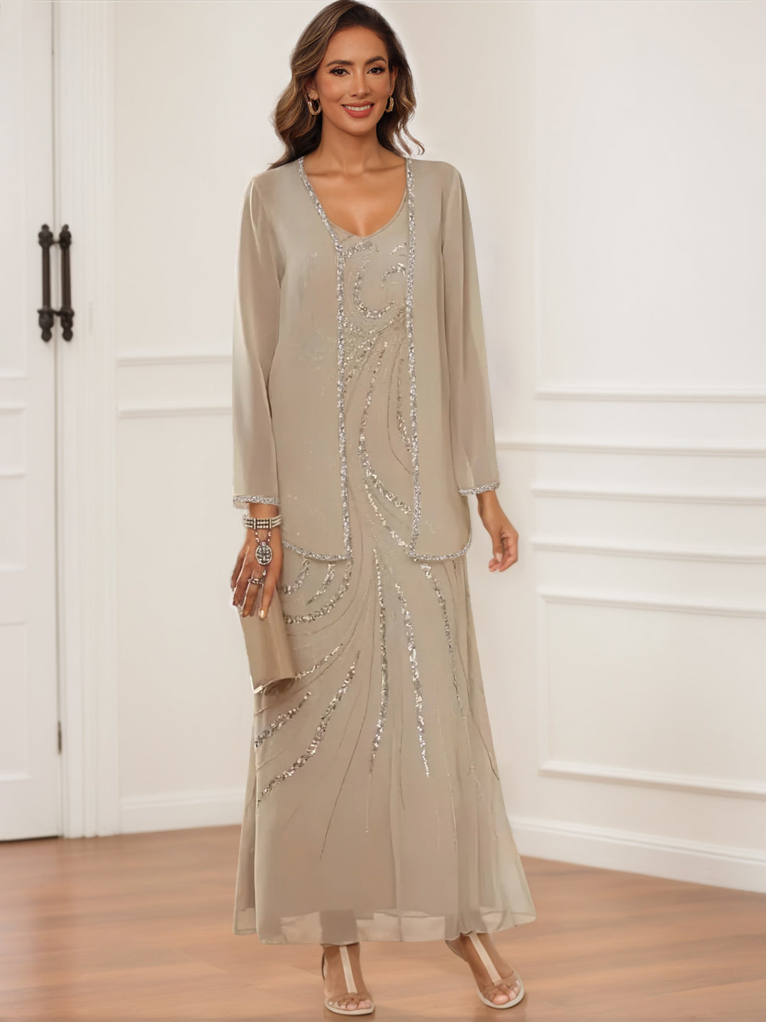V-Neck Ankle-Length Sheath/Column Dress with Jacket & Sequins for Mothers of the Bride & Groom-BMbridal
