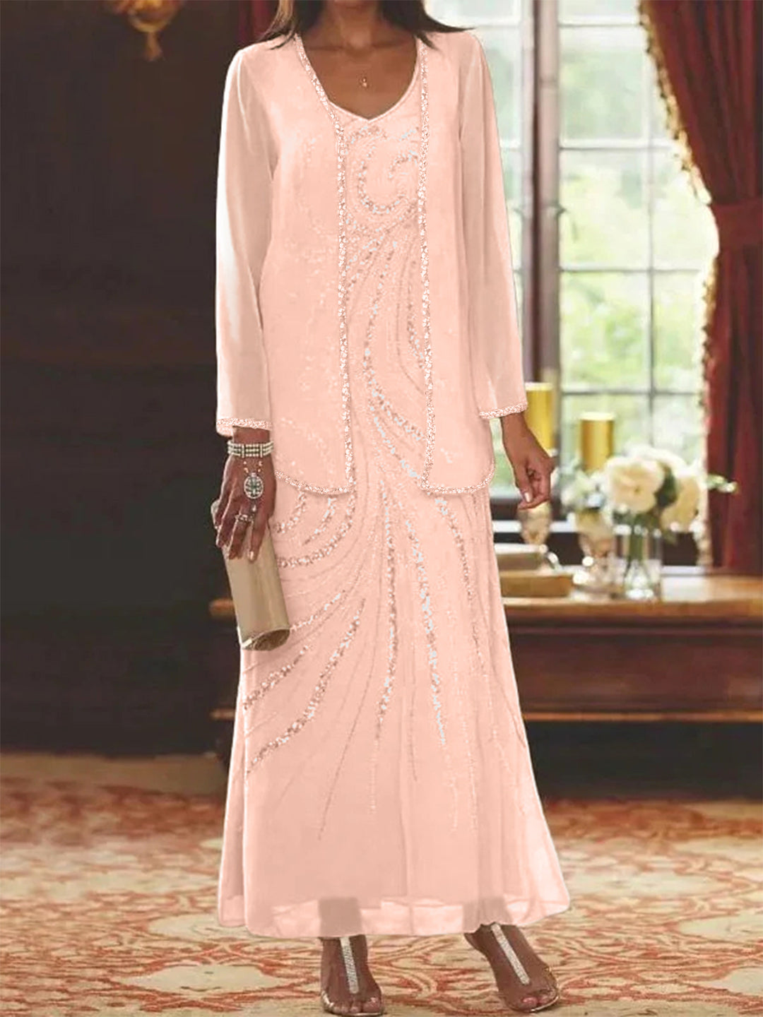 V-Neck Ankle-Length Sheath/Column Mother of the Bride Dresses with Sequins & Jacket-BMbridal