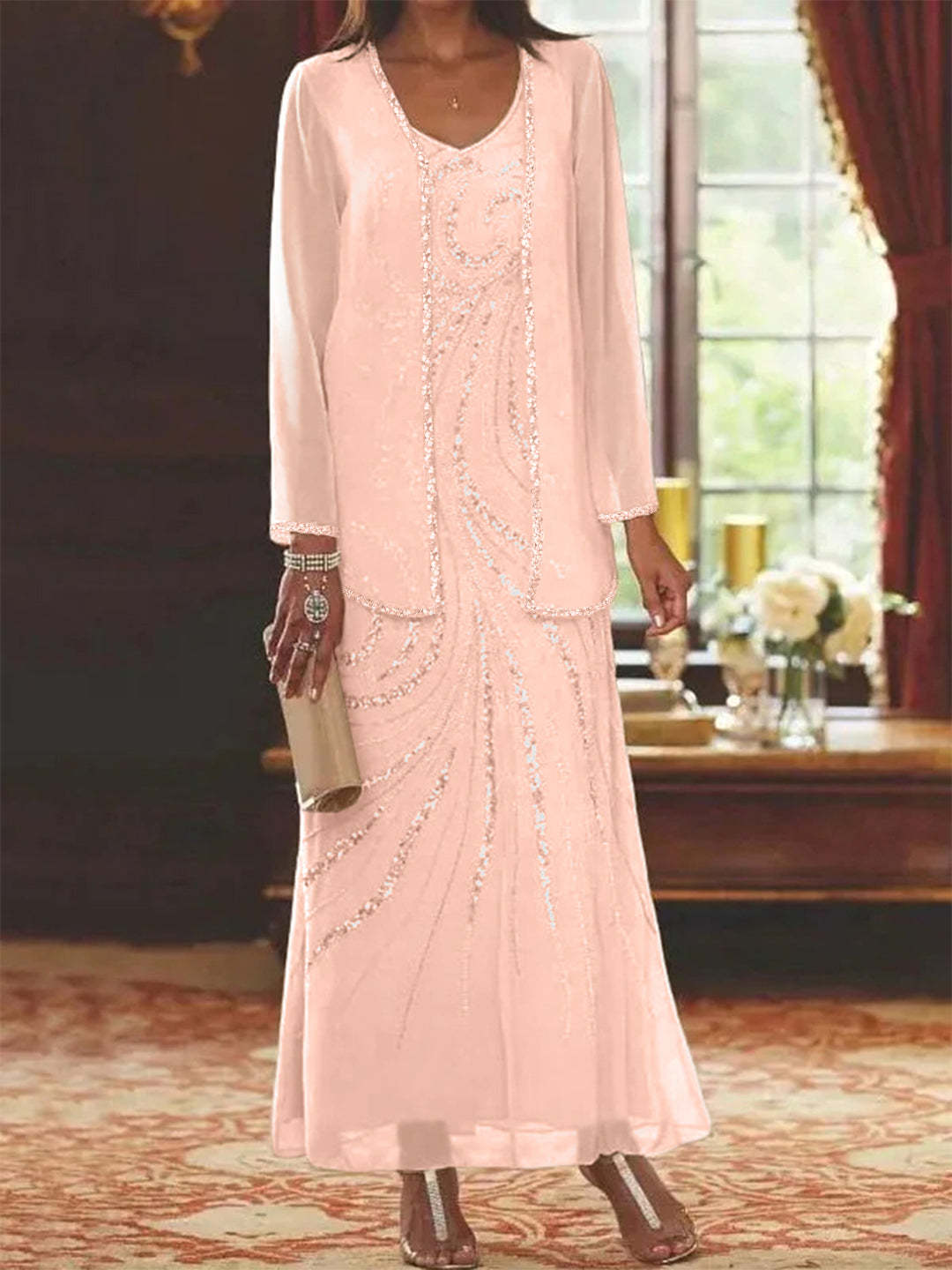 V-Neck Ankle-Length Sheath/Column Mother of the Bride Dresses with Sequins & Jacket-BMbridal