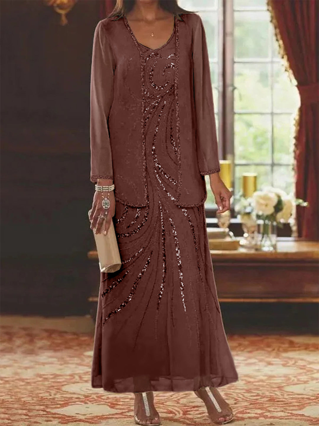 V-Neck Ankle-Length Sheath/Column Mother of the Bride Dresses with Sequins & Jacket-BMbridal