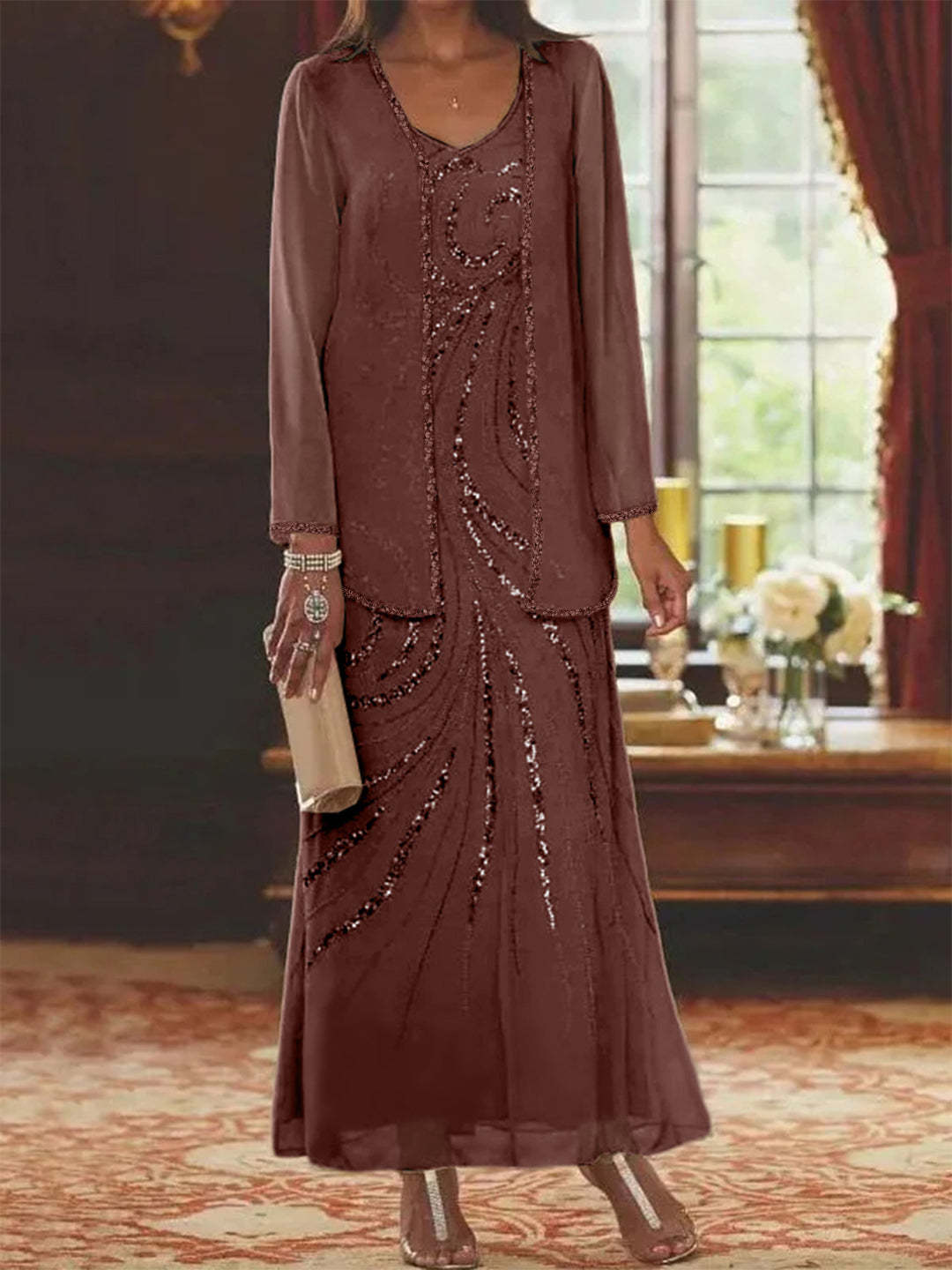 V-Neck Ankle-Length Sheath/Column Mother of the Bride Dresses with Sequins & Jacket-BMbridal