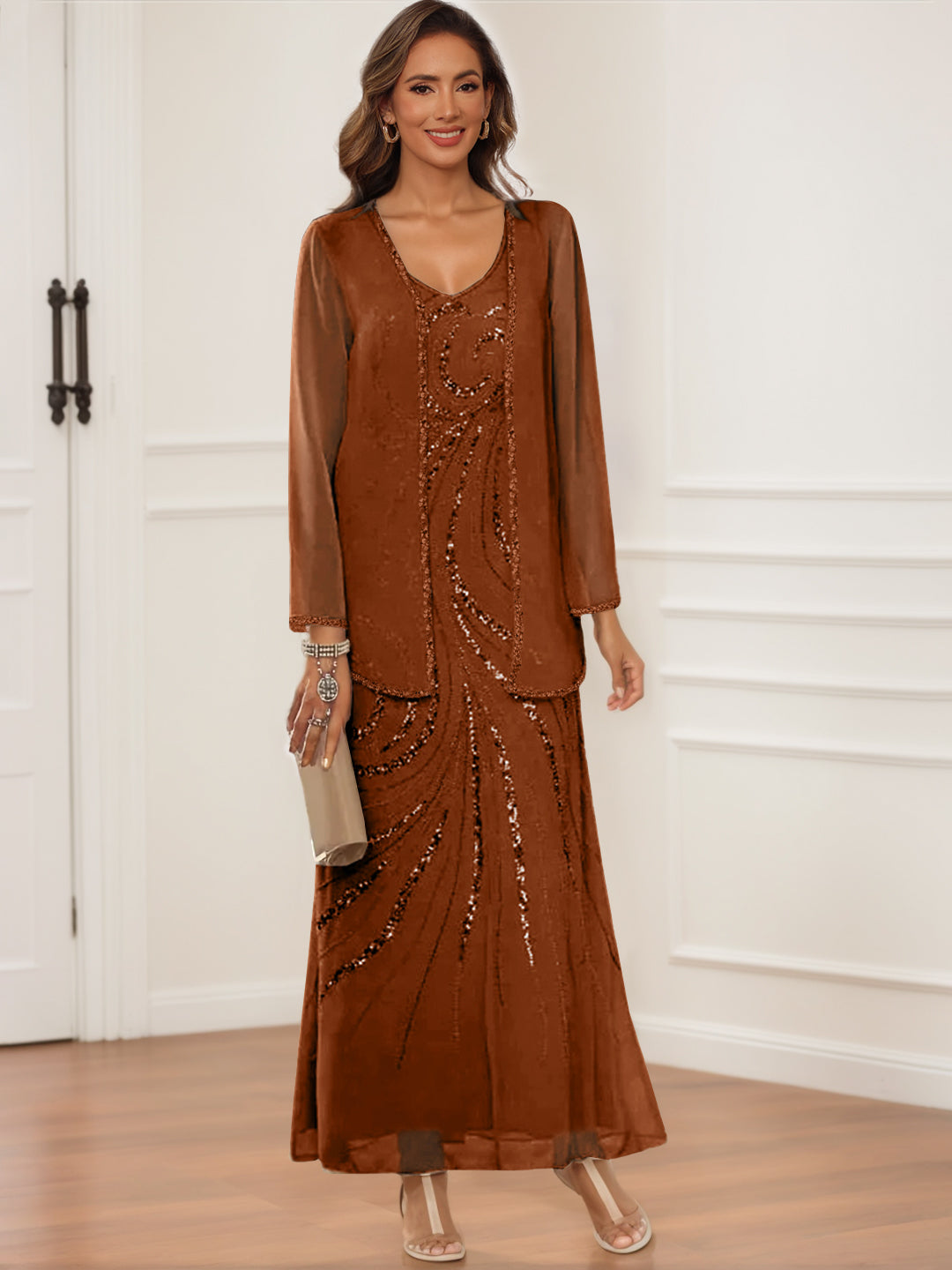 V-Neck Ankle-Length Sheath/Column Dress with Jacket & Sequins for Mothers of the Bride & Groom-BMbridal