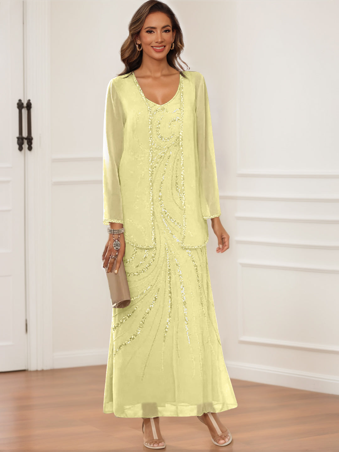 V-Neck Ankle-Length Sheath/Column Dress with Jacket & Sequins for Mothers of the Bride & Groom-BMbridal
