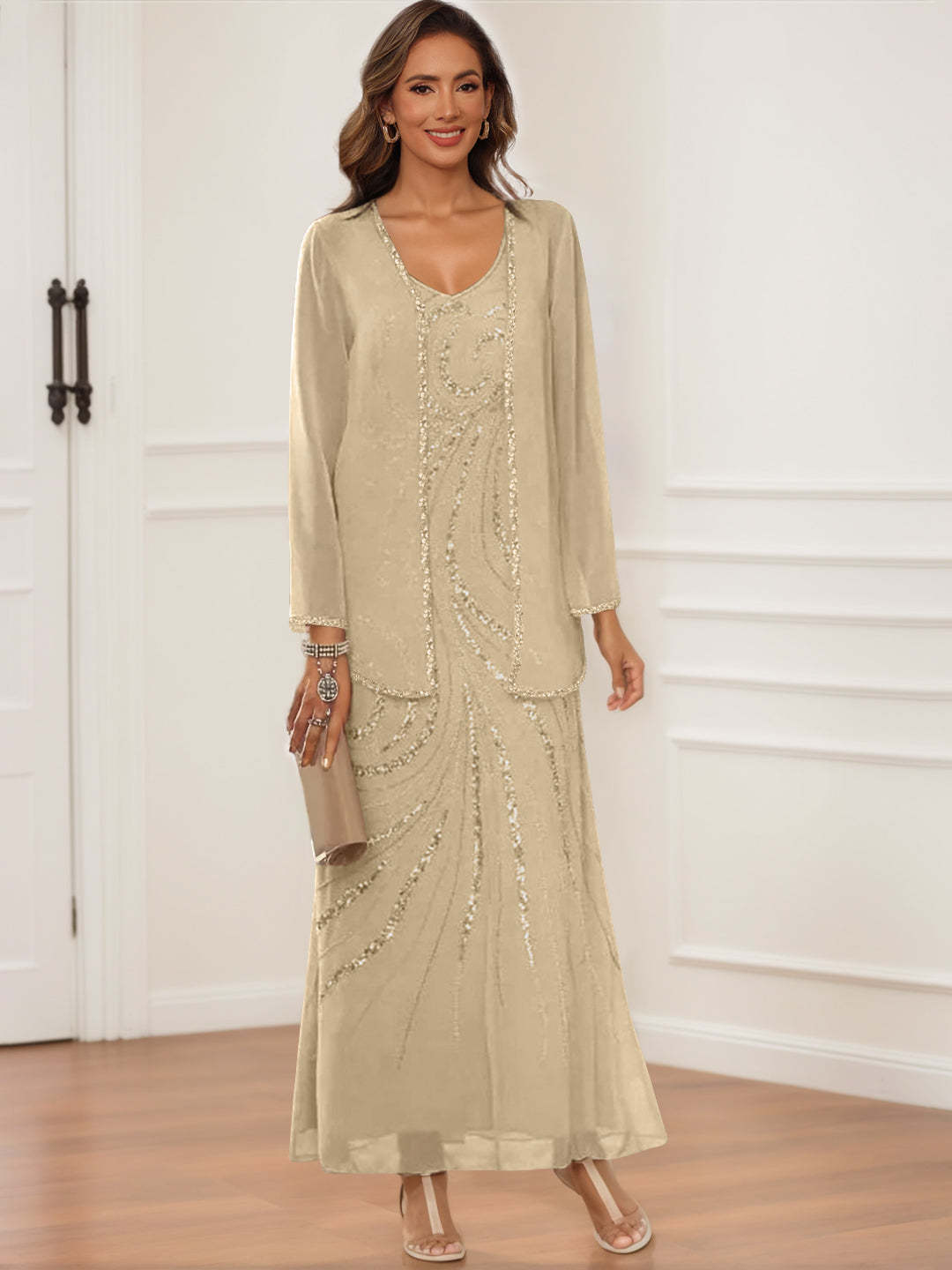 V-Neck Ankle-Length Sheath/Column Dress with Jacket & Sequins for Mothers of the Bride & Groom-BMbridal