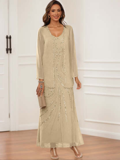 V-Neck Ankle-Length Sheath/Column Dress with Jacket & Sequins for Mothers of the Bride & Groom-BMbridal
