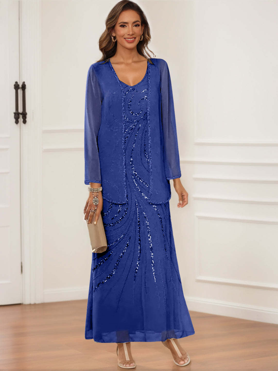 V-Neck Ankle-Length Sheath/Column Dress with Jacket & Sequins for Mothers of the Bride & Groom-BMbridal